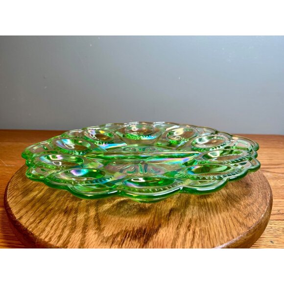 LE Smith Moon and Star Mint Green Carnival Glass Deviled Egg Plate - Picture 10 of 16
